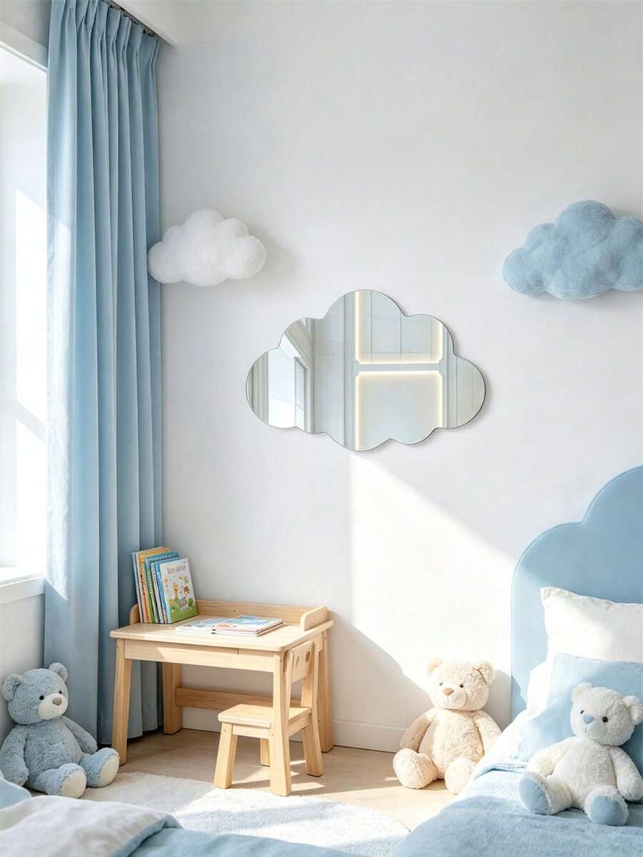1-Piece Cloud Acrylic Mirror Wall Sticker, 2mm Thick Acrylic Material, Home Decor, Kids Room Decor Mirror, Wall Beautification Art - Silver - View 1