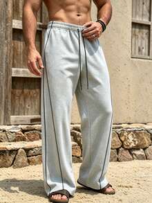 Relaxed Fit All-Day Men's Wide Leg Sweatpants With Side Contrast Stripe Design, Adjustable Drawstring Waist, Large Pockets, Light Exercise Sports - Light Grey - View 9