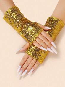 1 Pair Sequin Fingerless Arm Warmers Half Finger Gloves For Women, Nightclub Party Stage Performance Accessory - Gold - View 10