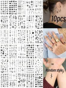 (10 piezas/paquete) Mini pegatinas de tatuajes temporales para la punta de los dedos de estilo oscuro, con patrones exquisitos y claros, adecuadas para diversas necesidades de combinación, que incluyen estrellas, luna, flores, constelaciones, corazones y cientos de otros diseños - Multicolor - Ver 8