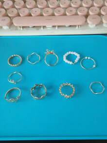 10pcs Set, Women's Fashion Jewelry Ring Set, Mini Fashion Hollow Flower Faux Pearl Wave Leaf Vine Combination Ring Set, Creative Design, Made Of Alloy Material, Suitable For All Seasons, Women's Gift, Suitable For Party, Valentine's Day, Mother's Day And Other Gifts, Also Suitable For Daily Wear, Dating, Vacation, - Multicolor - View 3