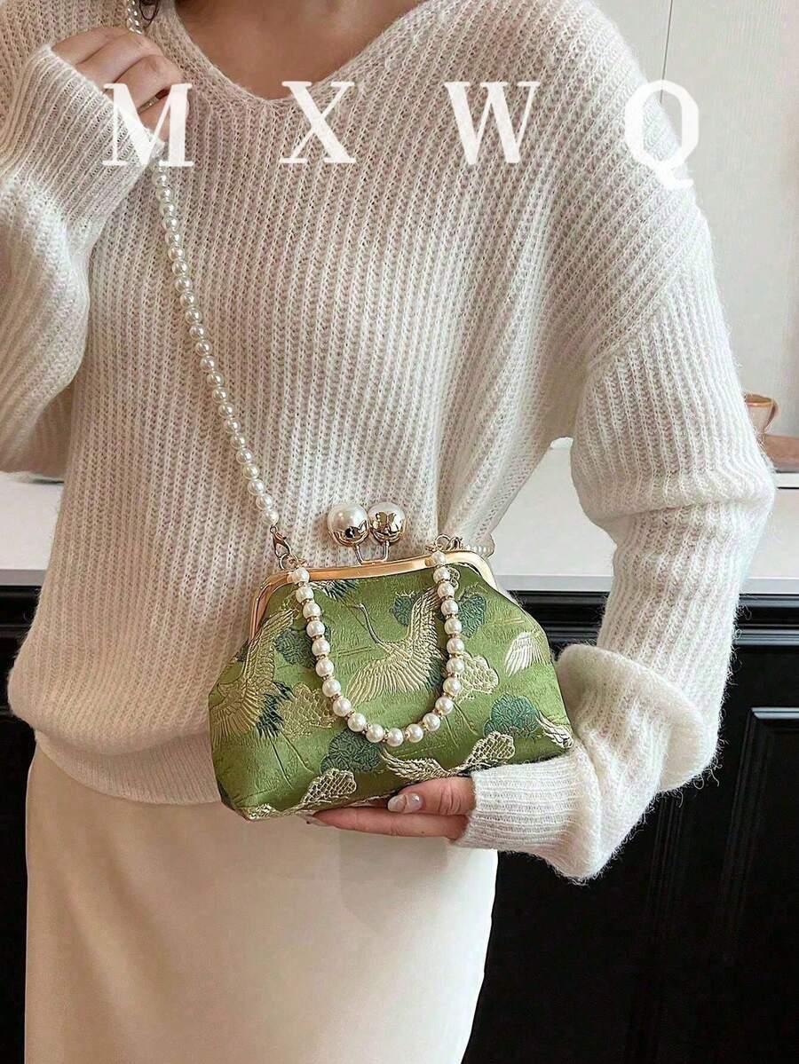 新款復古布料珍珠鏈條扣女款手提包，優雅百搭斜挎包
