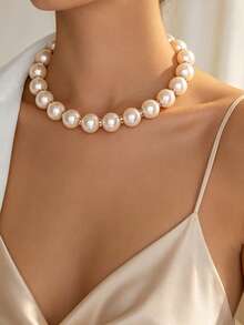 1pc Vintage Elegant Faux Pearl Choker Beaded Necklace, Round Pearl With Rhinestone Inlay, Versatile Banquet Party Necklace For Women - Gold - View 1