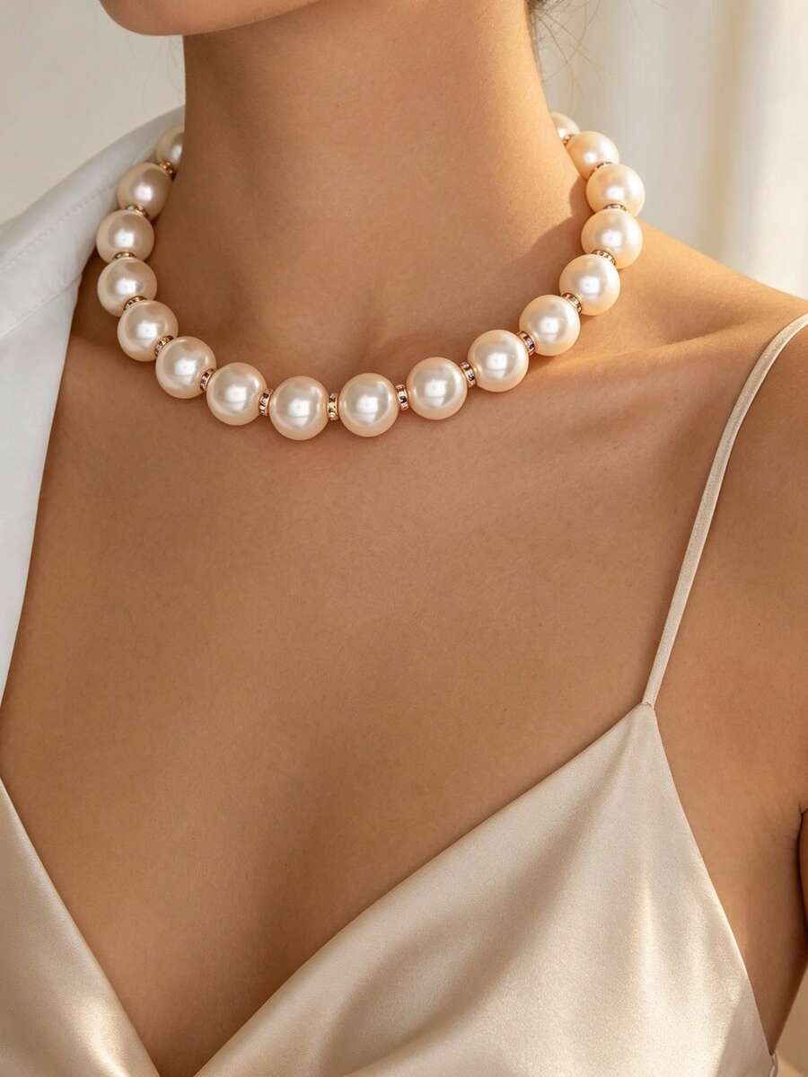 1pc Vintage Elegant Faux Pearl Choker Beaded Necklace, Round Pearl With Rhinestone Inlay, Versatile Banquet Party Necklace For Women - Gold - View 1