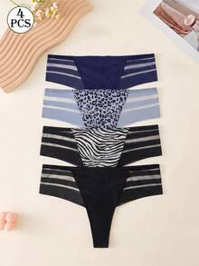 Mystèrelle 4pcs Sexy European & American Animal Print Mesh Patchwork Comfortable Low Waist Women's Thong Panties - Multicolor - View 3