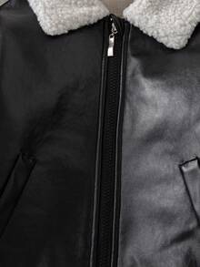 Young Boy Casual Fashion Solid Color Thermal Lined Zip-Up Jacket With Collar, Autumn/Winter - Black - View 5