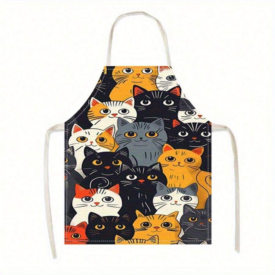 1 Peça Avental com Estampa Total de Gato Fofo Multicolorido em Estilo Cartoon, Avental Halter Vintage com Alças Laterais Ajustáveis, Avental Protetor para Cozinha e Culinária, Adequado para Assar em Casa, Presente para Amantes de Animais de Estimação, Trabalho em Cafeteria, Presente para Casa, Uso Diário