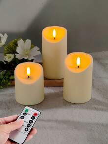 1/2/3件組 無火閃爍蠟燭 附遙控器與定時功能，電池供電，3D燭芯，適合房間裝飾、居家裝飾、婚禮、節日派對、生日、禮物 - 米白色 - 查看 1