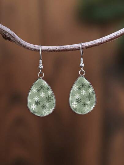 1 Pair Christmas Morandi Green Snowflake Pattern With 316 Stainless Steel Water Drop Earrings For Women Daily Wear And Gift