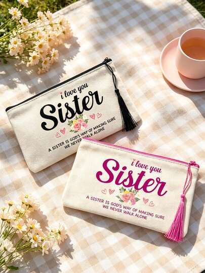 Túi đựng mỹ phẩm quà tặng cho chị em gái, túi canvas in chữ "I Love You Sister" với khóa kéo tua rua, túi đựng mỹ phẩm chủ đề chị em gái, thiết kế họa tiết hoa và trái tim, túi đựng đa năng, túi đựng đồ vệ sinh cá nhân dung tích lớn, túi khóa kéo cho nữ, túi tổ chức du lịch cầm tay, vật dụng du lịch thiết yếu, thông điệp tình chị em, quà sinh nhật cho chị em gái, phù hợp sử dụng hàng ngày và du lịch, quà sinh nhật hoàn hảo, quà lễ hội, quà tiệc, quà cho phù dâu