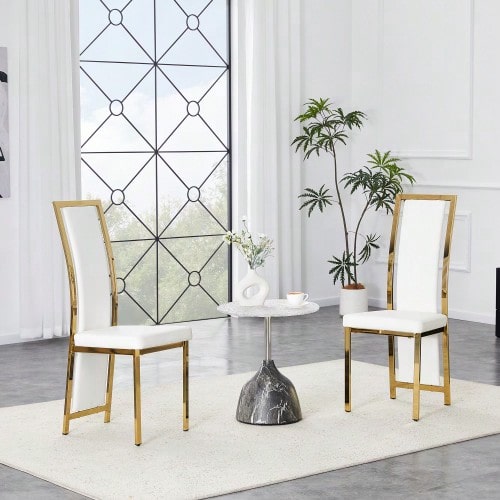 [2-delige set] Europese minimalistische eetkamerstoelen met gouden rand. PU + glanzend gouden metalen frame, 109 cm hoog, voor veelzijdige toepassingen zoals eetkamer, kantoor, enz.