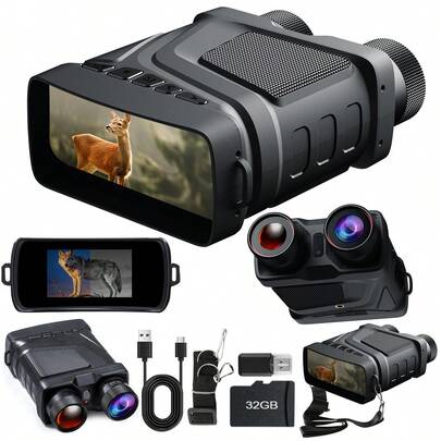 Binóculos com visão noturna 1080P. Equipados com função infravermelha digital, tela LCD de 3 polegadas, ampliação óptica de 4x, zoom de 5x, visão noturna infravermelha de 7 níveis e suporte para cartão TF de 128 GB (incluindo cartão de memória de 32 GB), tornando-os ideais para aventuras ao ar livre, camping e via