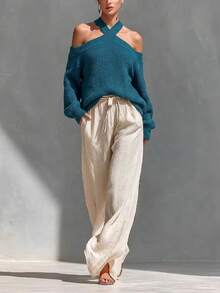 Women's Autumn/Winter Blue Criss-Cross Halter Neck Cold-Shoulder Knit Sweater, Long Sleeve Elegant French Casual Sexy Daily Wear Pullover - Blue - View 4