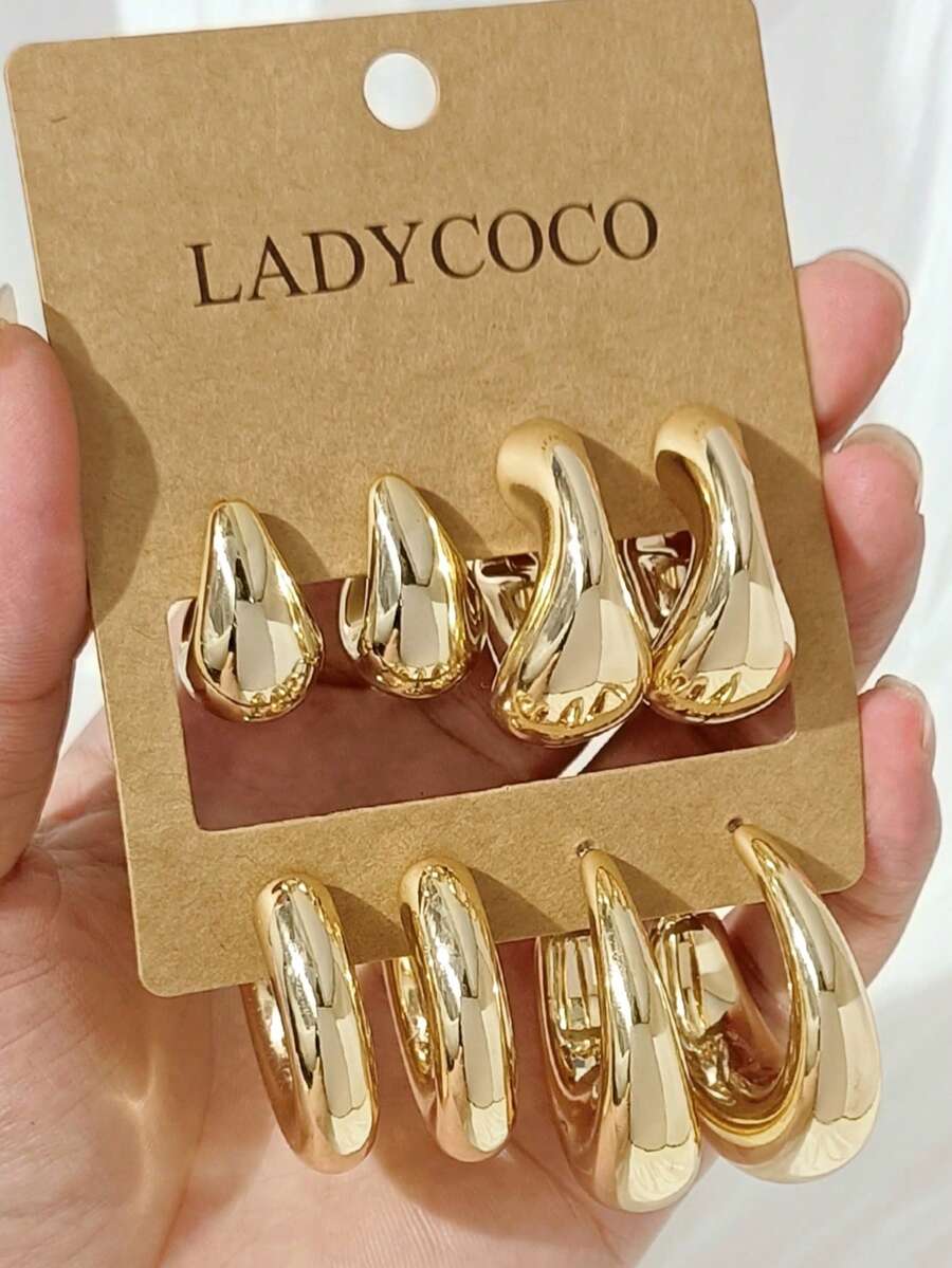 LADYCOCO 5對時尚優雅獨特水滴耳環，適合女性日常穿戴、約會、派對、日常搭配，金色耳環套組