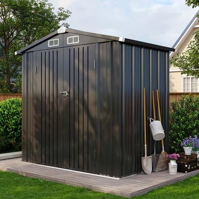 Compact Outdoor Storage Shed – 189.89 X 121.92 Cm (5 Ft X 3 Ft), Sloping Roof Design, Lockable Steel Door, Weather-Resistant Metal Construction, Brown And Black Two-Tone Finish, Easy Assembly, Portable & Removable Garden Tool Shed For Backyard, Patio