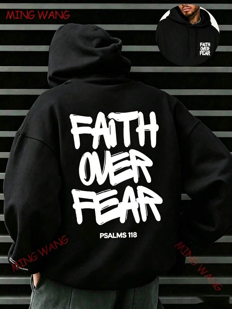 Faith Over Fear, Letter Print Pocket Hoodie, Men's Casual Long-Sleeve Drawstring Style, Autumn & Winter New-Unisex Loose-Fit Hooded Sweatshirt-K88 - 黑色1 - 查看 1