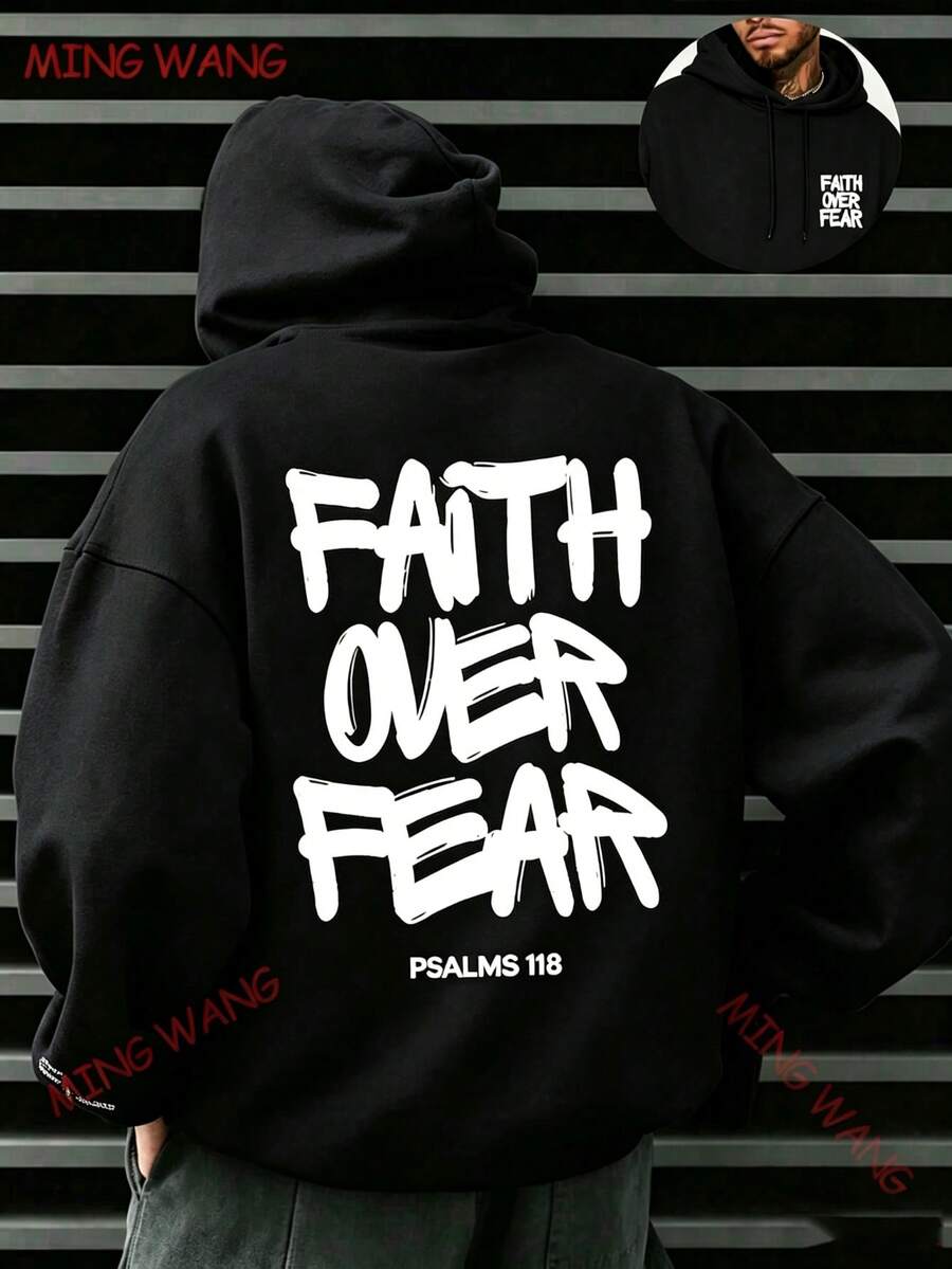 Faith Over Fear, Letter Print Pocket Hoodie, Men's Casual Long-Sleeve Drawstring Style, Autumn & Winter New-Unisex Loose-Fit Hooded Sweatshirt-K88 - 黑色1 - 查看 1