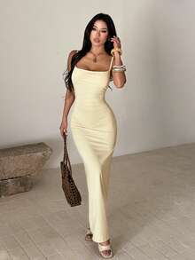Summer Yellow Elegant Cowl Neck Backless Tie Strap Dress, Suitable For Dates, Gatherings, Parties - Yellow - View 2