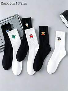 1/3/6 Pairs Cartoon Monster Embroidered Men's Mid-Calf Sports Socks, Breathable And Moisture-Wicking, Daily Sports Basketball Socks, All-Season Versatile - Black and White - View 11
