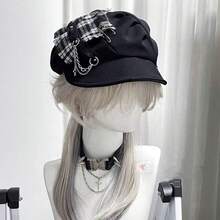 Topi Baret Kotak-kotak Punk Y2K Halloween, Topi Awan Bertepi Lembut dengan Dekorasi Rantai Salib Gotik, Aksesori Gaya Jalanan Wanita - MultiWarna - View 3