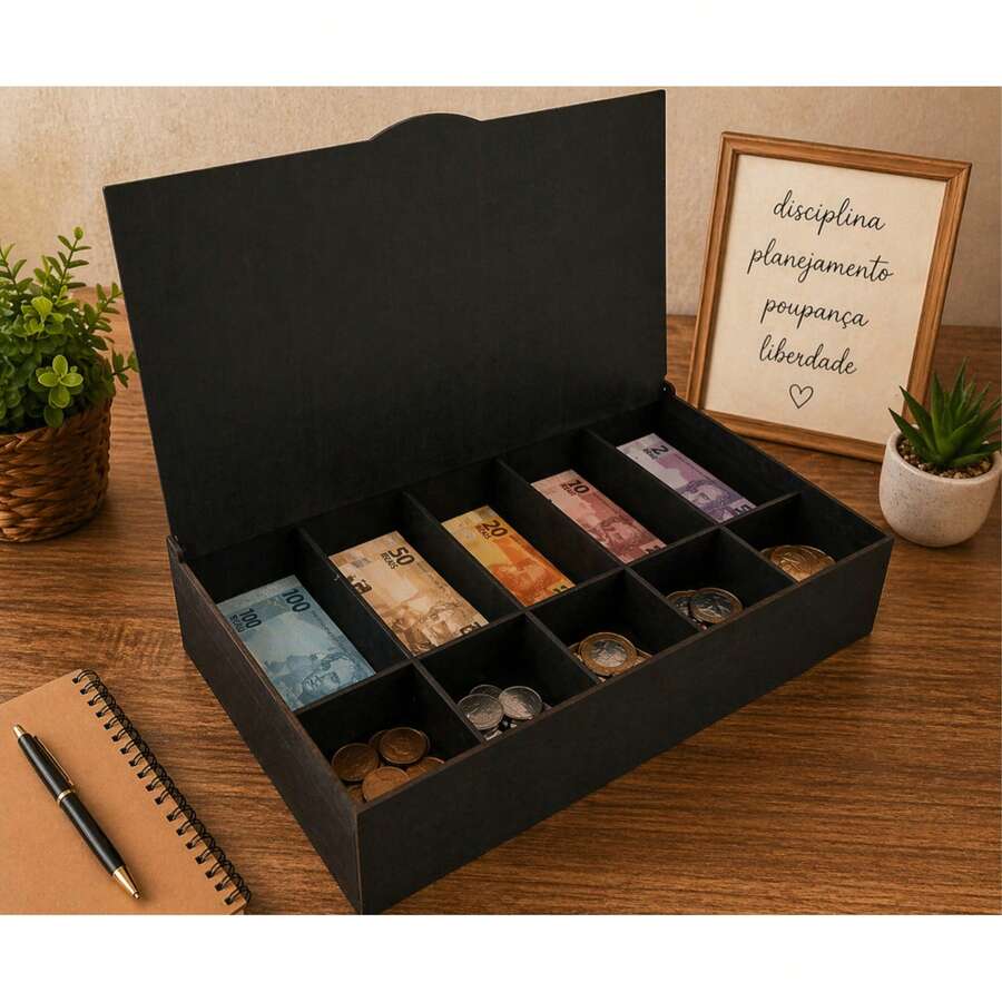 Black MDF Money Organizer Box With Tilting Lid - 黑色 - 查看 1