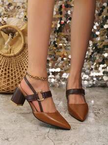 Women's Summer New Korean Style Closed Toe Pointed Toe Single Strap Roman Sandals Low Vamp Chunky Heel High Heels - Brown - View 5