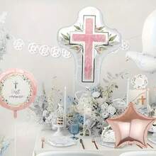 5Pcs Baptism Party Balloon Set, Cross & Star Foil Balloons. Ideal For Baptism, Communion, Confirmation And Birthday Decorations. - View 1