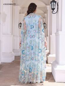 Luxury Elegant Long Robe, Stand Collar, Batwing Sleeves, Mesh Fabric, Embellished With Exquisite Embroidery Details, Autumn Vacation Fall - Baby Blue - View 9