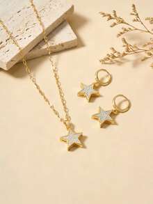 3pcs/Set Fashion Sparkling Full Cubic Zirconia Star, Five-Pointed Star Stainless Steel Women's Necklace Set, Suitable For Women's Daily Wear, Beach Vacation, Travel, Party - Yellow Gold - View 2
