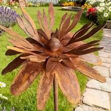 1 pieza Estaca de jardín de metal con diseño de crisantemo, decoración artística para jardín, patio y césped, inserto de suelo floral de hierro rústico, escultura de silueta de crisantemo para exteriores, regalo de decoración exterior para días festivos - por defecto - Ver 2