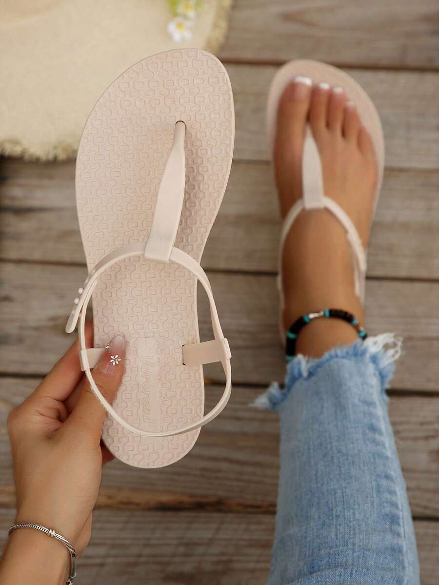 女款極簡純色可調節綁帶露趾涼鞋,軟底可折疊便攜T字帶人字拖鞋,海灘度假防滑平底休閒戶外拖鞋,多色可選 - 杏色 - 查看 1