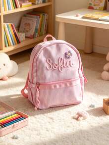 1pc Customized Name Macaron Striped Pink Girly Backpack, Portable Lightweight Travel Student Bag, Embroidered Name Back To School Gift, Personalized Gift - Multicolor - View 4