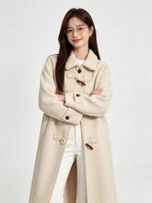Lamb Wool Lapel Vintage Horn Button Overcoat Pocket Jacket College Office Daily Autumn/Winter - Apricot - View 6