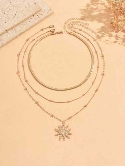 3pcs Teen Fashion Casual Minimalist Sun Pendant Gold Snake Bone Chain Round Bead Chain Layered Necklace Boys Girls Versatile Necklace
