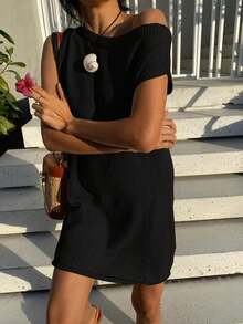 Summer Women's Fashion Elegant Dress, Solid Color Loose One-Shoulder White Dress, Suitable For Commuting, Dating And Daily Wear - Black - View 7