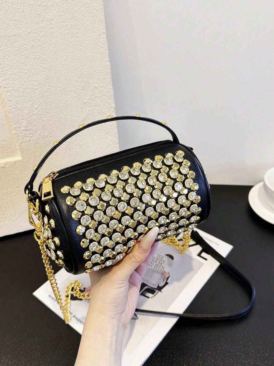 Dedoo 水鑽圓筒斜挎包,人造皮革附手柄,可拆卸金屬鍊條,Y2K迷你女款手提包,適合派對與日常穿搭 - 彩色 - 查看 1