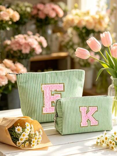 Green Striped Makeup Bag Set, Towel With Embroidered Letter Pattern, Travel Zipper Storage Bag, Portable Travel Item Storage Bag, Multi-Functional Makeup Bag, Stationery Storage Bag, Essential For Airplane Travel, School Stationery And Travel Daily Supplies, Ideal Gift For Students And Teachers, Suitable For Vacation, Travel, Business Trip, Gift Giving And Daily Use, Unique Back To School Gift, Travel Gift, Birthday Gift, Party Gift, Applicable For School Commute, Weekend Vacation And Bathroom Cosmetic Storage