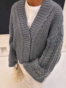 Senya 2026 Women's Grey Cable Knit Cardigan, V Neck Button Front Chunky Sweater, Relaxed Drop Shoulder Quiet Luxury Chic Fall Winter Fashion - Grey - View 2