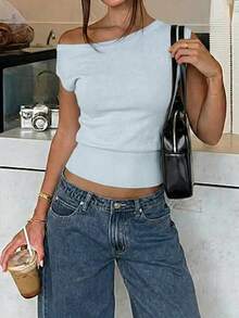 Y2K Women's Summer Sexy Off-Shoulder Knit Top, Casual Pink Blouse, Suitable For Party, Date, Vacation And Daily Wear - Baby Blue - View 3