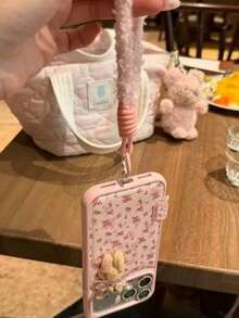 Rhinestone Stand Minimalist Floral 3D Plush Rabbit Phone Case Compatible With IPhone 17 Pro Max, 16 New, 15 With Lanyard, 17 Pro, 14 Spring Easter - Pink - View 3