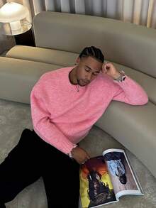 Men's Autumn/Winter Casual Fashion Loose Fit Solid Color Youthful Round Neck Knit Sweater - Pink - View 4