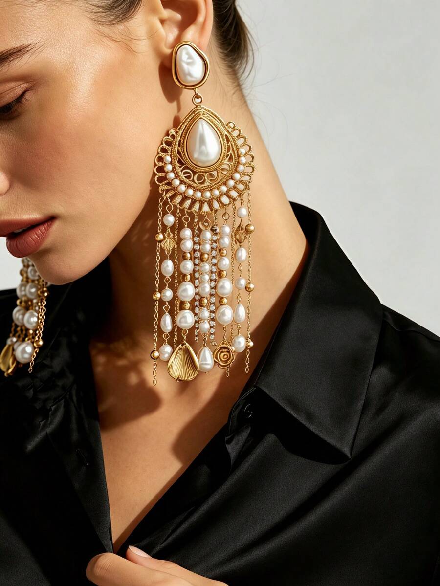 1 Pair Fashion Elegant Exaggerated Bohemian Vintage Distressed Gold-Plated Alloy Filigree Hollow Inlaid Faux Baroque Pearl Multi-Chain Pearl Alloy Shell Pendant Long Earrings For Women, Party, Vacation, Heavy Work Tassel - Yellow Gold - View 1