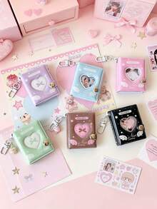 1pc Girls Heart-Shaped Cartoon Exquisite 2-Inch Pendant Mini Photo Album, Student Bow & Star Chasing ID Photo Storage Book - Multicolor - View 1