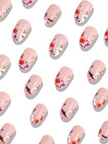 24pcs Short Round Press-On Nails, Colorful Short Ghost & Bat Pattern Halloween Nail Stickers - 彩色 - 查看 2