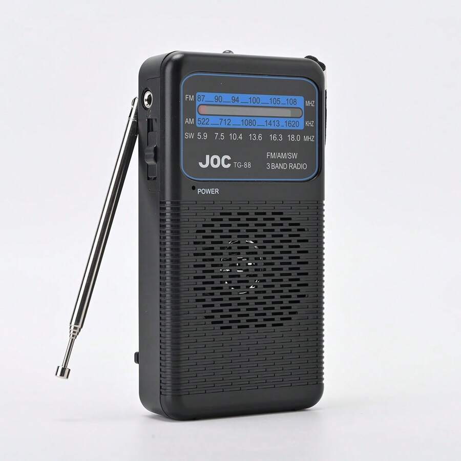 JOC TG-88 便携式三波段收音机（FM/AM/SW） - 电池供电迷你收音机，带内置手电筒和夹子，适合户外/露营/老年人使用