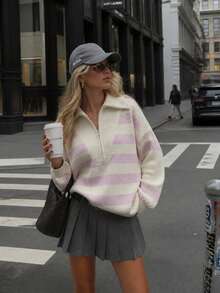 2026 Women's Autumn/Winter New Gentle And Relaxed Pink Striped Polo Collar Knit Sweater Top - Multicolor - View 4