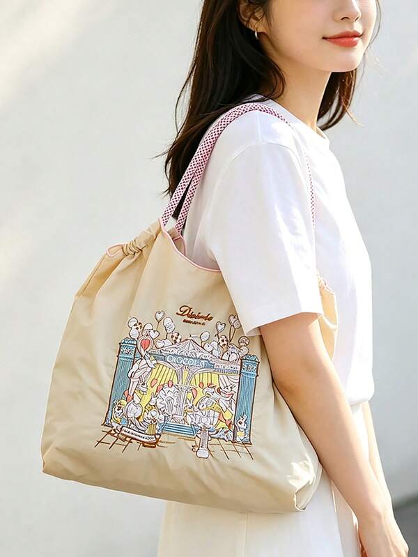 1pc New Embroidered Rabbit Pattern Shopping Bag, Large Capacity Nylon Tote Bag, Commuter College Style Women's Shoulder Crossbody Bag