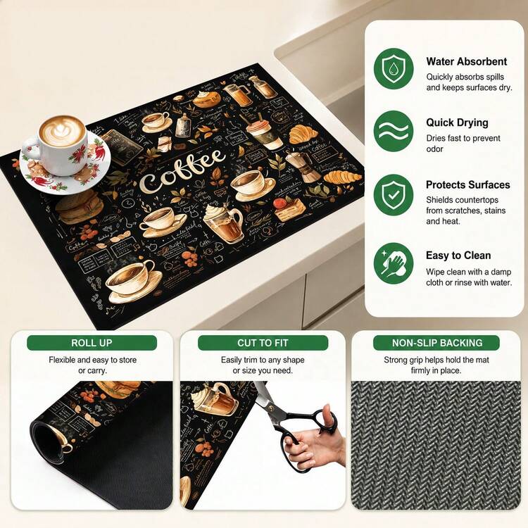 1pc Coffee Pattern Kitchen Countertop Diatomaceous Earth Absorbent Quick-Drying Coffee Machine Mat, Kitchen Home Decor Non-Slip Heat-Resistant, Dish Cup Drying Mat, Easy To Clean Stain-Hiding, Suitable For Kitchen Dining Table Coffee Bar Kitchen Floor Mat Dining Table Mat Drying Mat Breakfast Mat - Multicolor - View 6