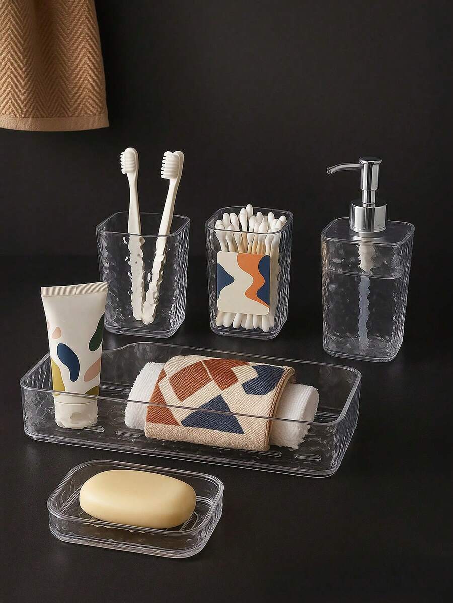 A High-End Exquisite Bathroom Set Water Ripple 5-Piece Set Sanitary Ware Bathroom Five-Piece Set Washing Ware Toiletries Bathroom Supplies - Transparent Silver [Square Dispenser Bottle] - View 1