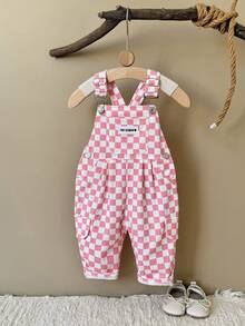 Baby Girls Pink & White Checkered Overalls, Adjustable Shoulder Straps, Cargo Pockets, Loose Casual Long Pants - Pink - View 4